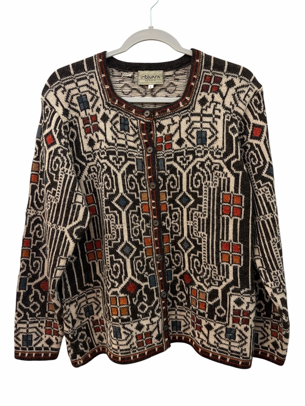 Intiwara Handmade 100% Alpaca Geometric Cardigan Sweater (L) Artsy Boho Revival